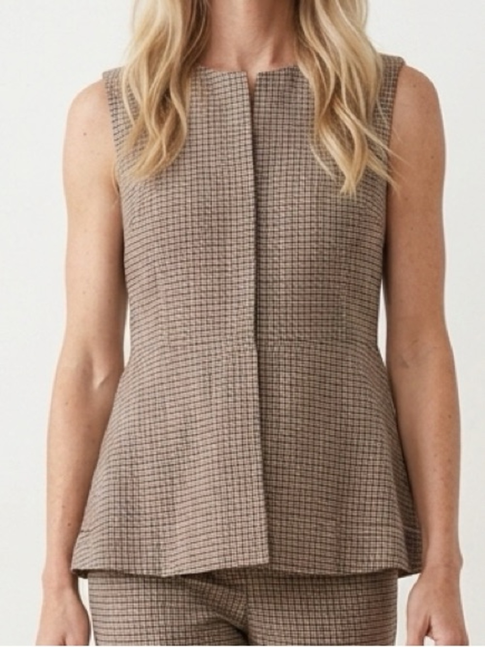 Theory Sleeveless Peplum Top in Taupe Check